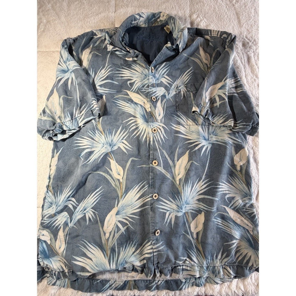 Tommy Bahama Hawaiian 100% Silk Shirt Men L Blue Floral Button Up Pocket - Picture 1 of 7